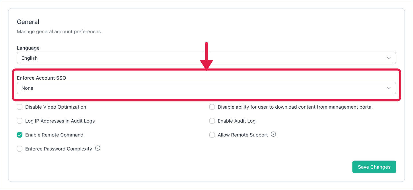 Preferences page, General card, with the Enforce Account SSO field set to None