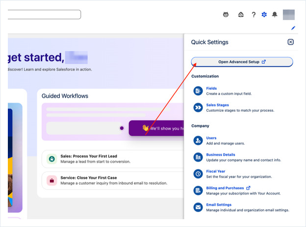Salesforce Quick Settings panel with Open Advanced Setup highlighted