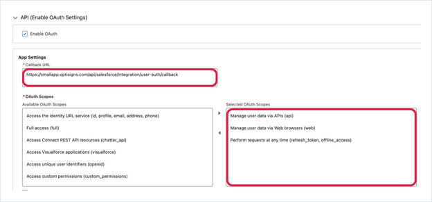 Salesforce OAuth settings with Enable OAuth ticked, the OptiSigns callback URL and three selected scopes highlighted
