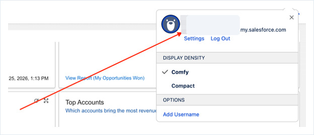 Salesforce avatar menu with the My Domain host shown under the user's name