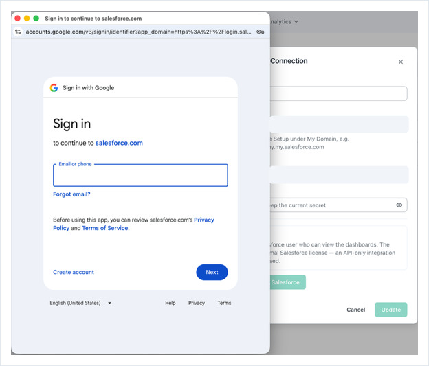 Salesforce sign-in window opened over the OptiSigns Salesforce connection dialog