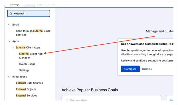 Salesforce Setup with external typed in Quick Find and External Client App Manager highlighted