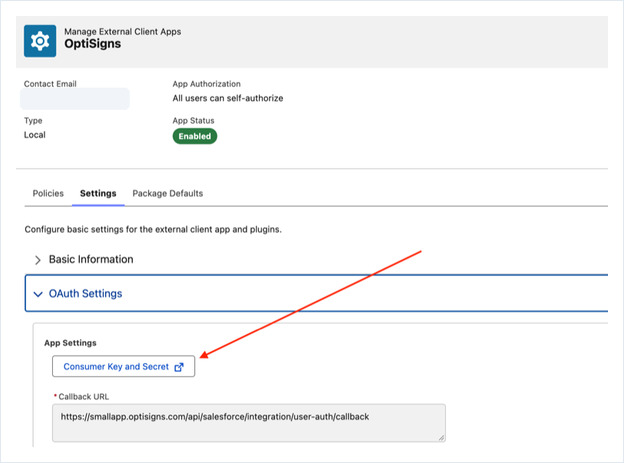 Salesforce app Settings tab with the Consumer Key and Secret button highlighted