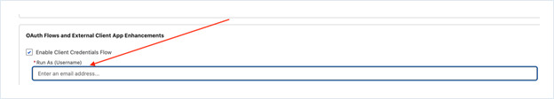 Salesforce Policies tab with Enable Client Credentials Flow ticked and the Run As Username field highlighted
