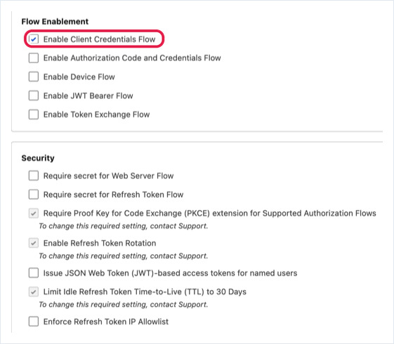 Salesforce Flow Enablement section with only Enable Client Credentials Flow ticked