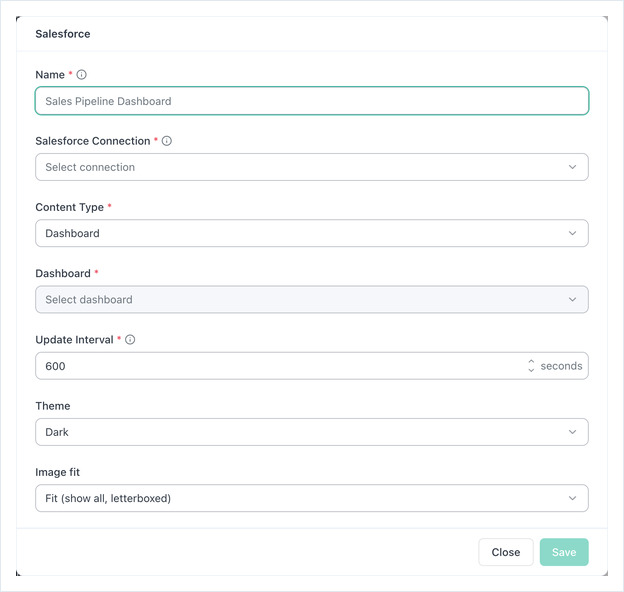 OptiSigns Salesforce app form with Name, Salesforce Connection, Content Type, Dashboard, Update Interval, Theme and Image fit