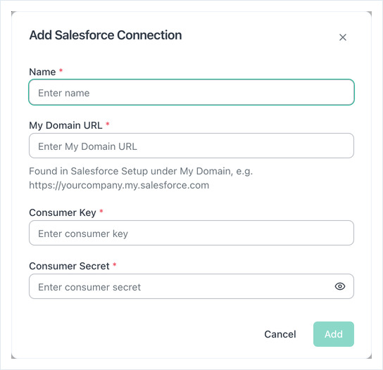 OptiSigns Add Salesforce Connection dialog with Name, My Domain URL, Consumer Key and Consumer Secret fields
