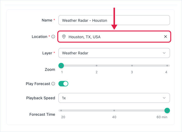 Weather Radar form with Name and Location filled in as Houston, TX, with an arrow pointing to the Location field