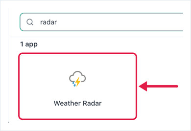 Add App dialog searched for radar, showing a single Weather Radar tile highlighted with an arrow