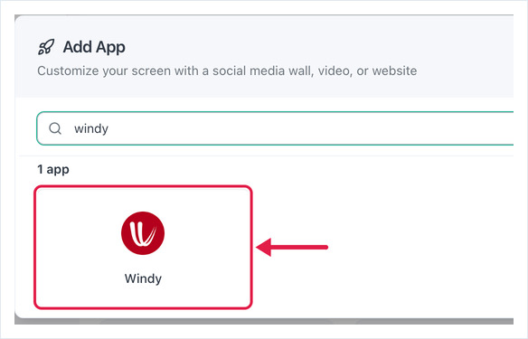 Add App dialog searched for windy, showing the Windy tile with an arrow pointing to it