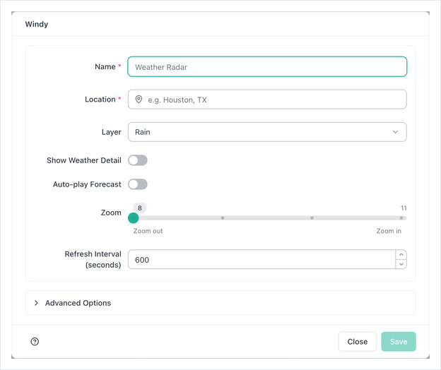 The Windy app form: Name, Location, Layer, Show Weather Detail, Auto-play Forecast, Zoom and Refresh Interval