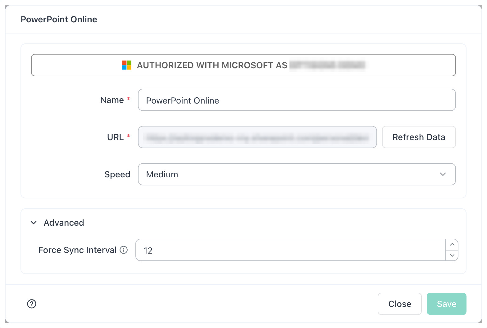 PowerPoint Online app signed in with Microsoft: Name, URL, Speed, and Force Sync Interval under Advanced