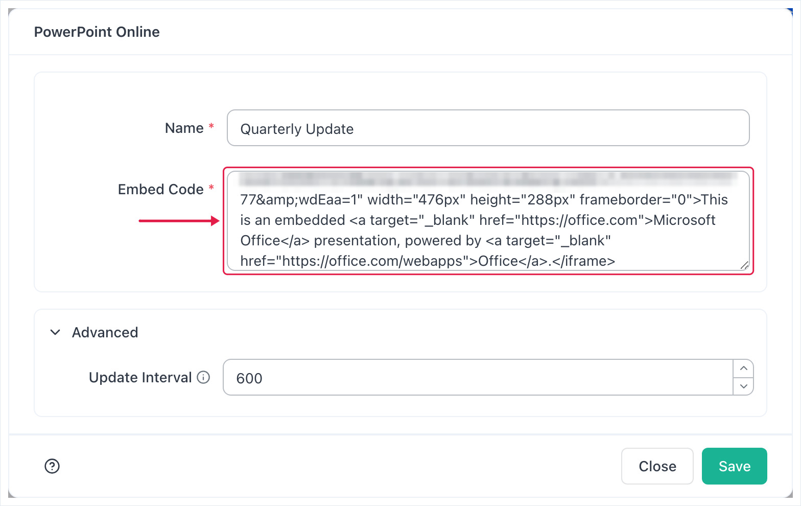 PowerPoint Online app form with the embed code pasted and Update Interval 600 under Advanced
