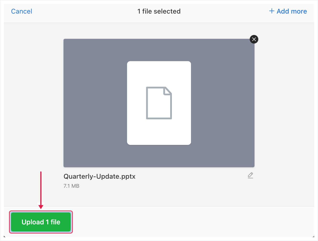 Upload Files dialog with Quarterly-Update.pptx selected and the Upload 1 file button highlighted