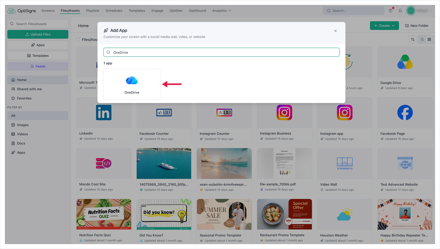 Add App dialog searched for OneDrive, with the OneDrive app card highlighted