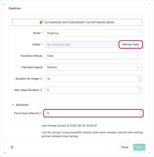 OneDrive app settings with the Refresh Data button and Force Sync Interval highlighted