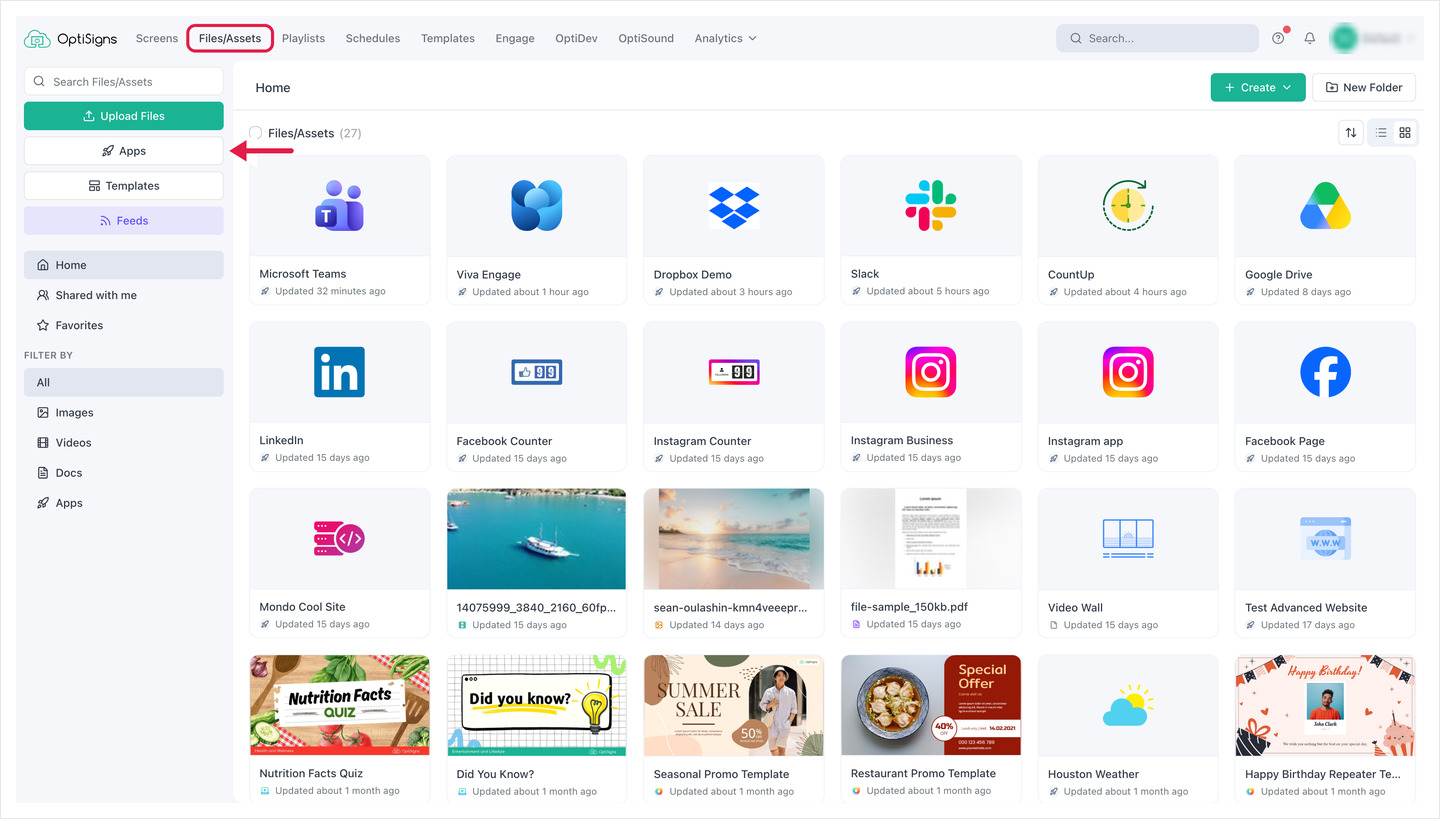 Files/Assets page with the Apps button in the left panel highlighted