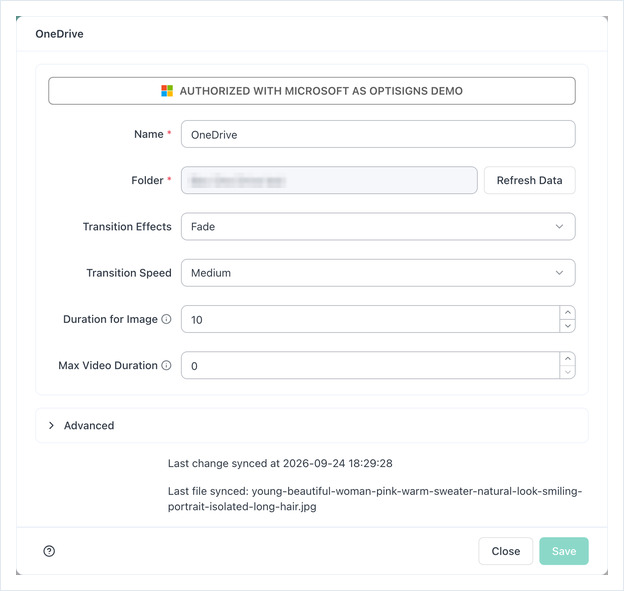 OneDrive app settings: Name, Folder, Transition Effects, Transition Speed, Duration for Image, Max Video Duration
