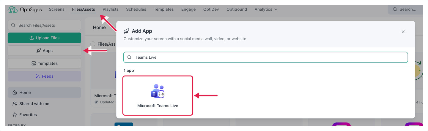 Add App dialog searched for Teams Live, with arrows to Files/Assets, Apps and the Microsoft Teams Live card