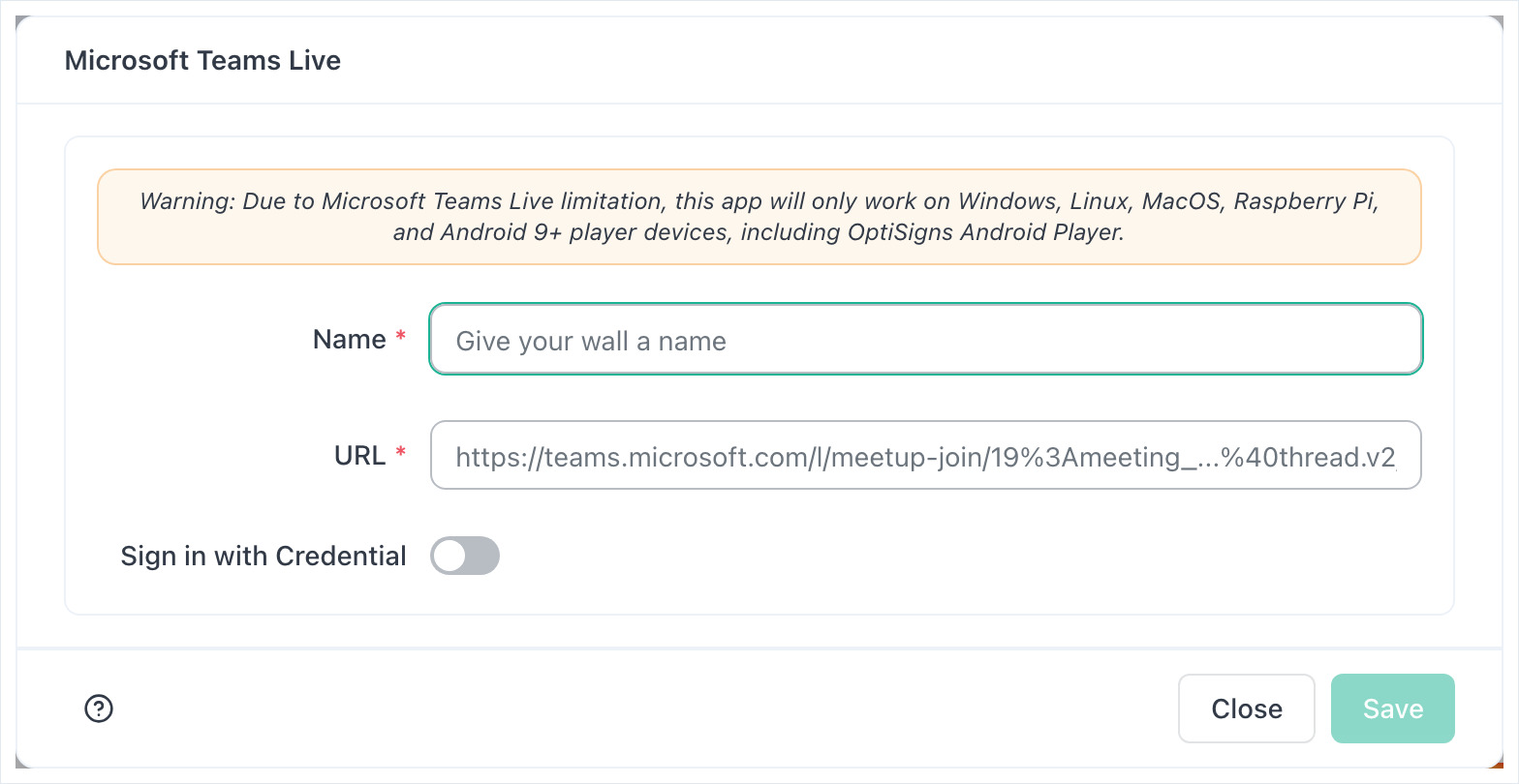 Microsoft Teams Live app form with the Name and URL fields