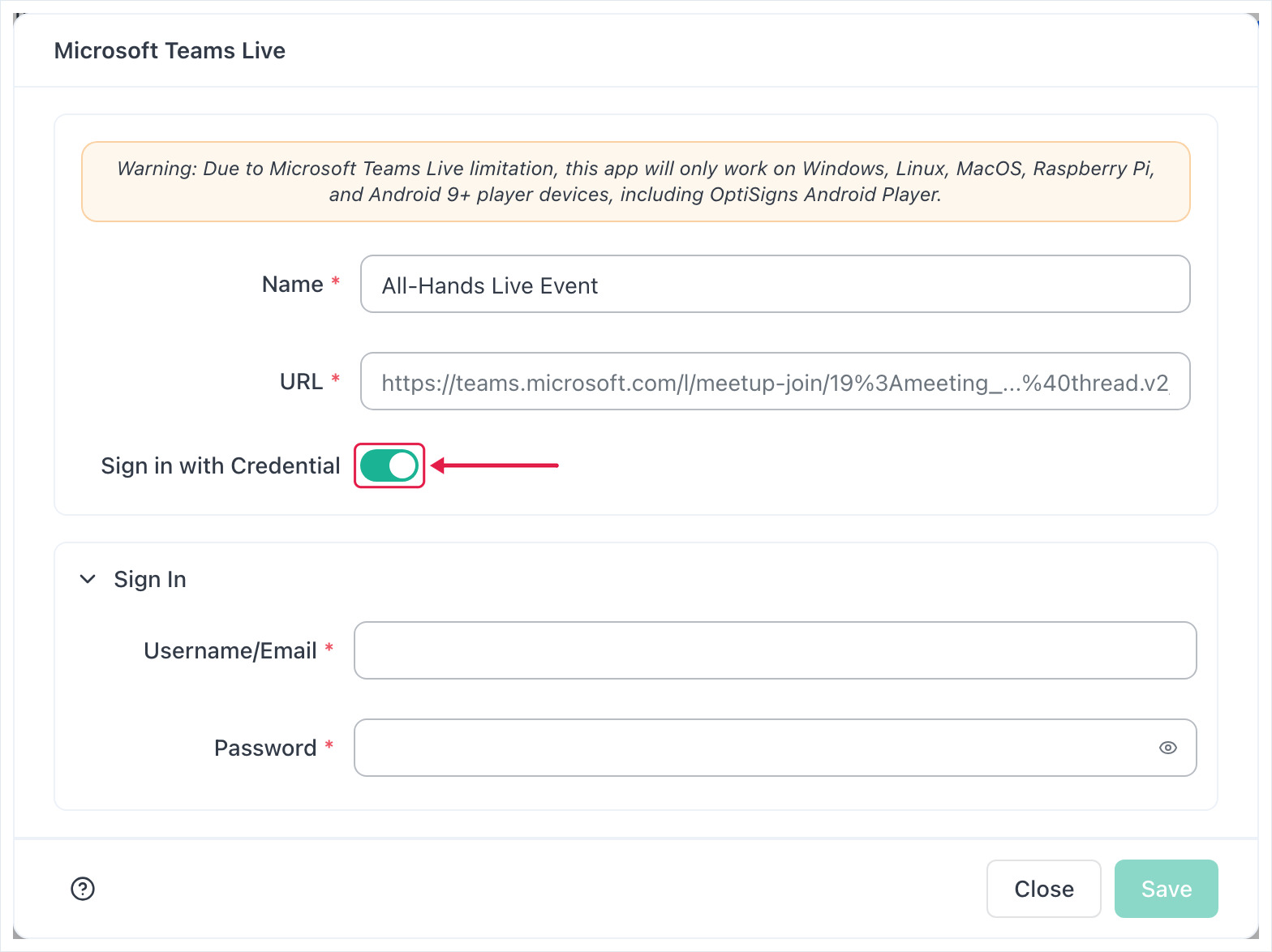 Sign in with Credential turned on, showing the Username/Email and Password fields