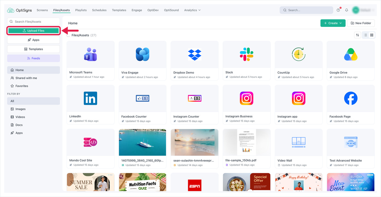 Files/Assets page with the Upload Files button highlighted