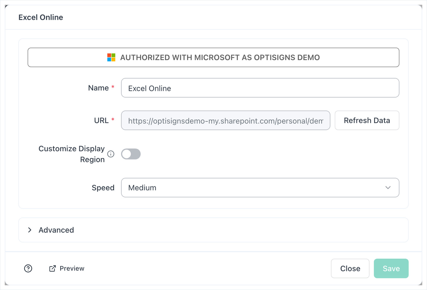 Excel Online form authorized with Microsoft, showing Name, URL with Refresh Data, Customize Display Region and Speed