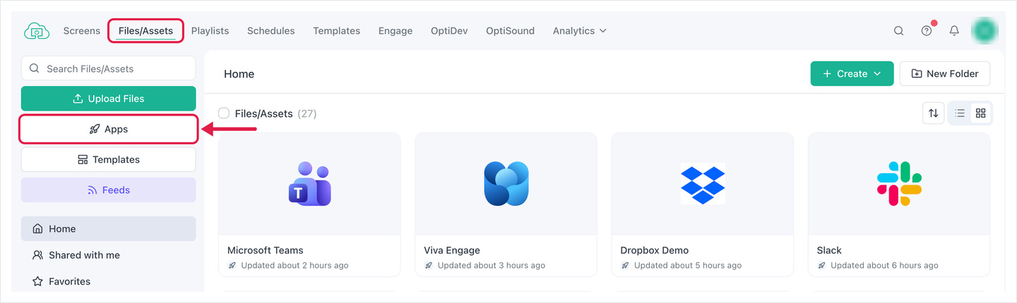 OptiSigns portal with the Apps button highlighted in the Files/Assets sidebar
