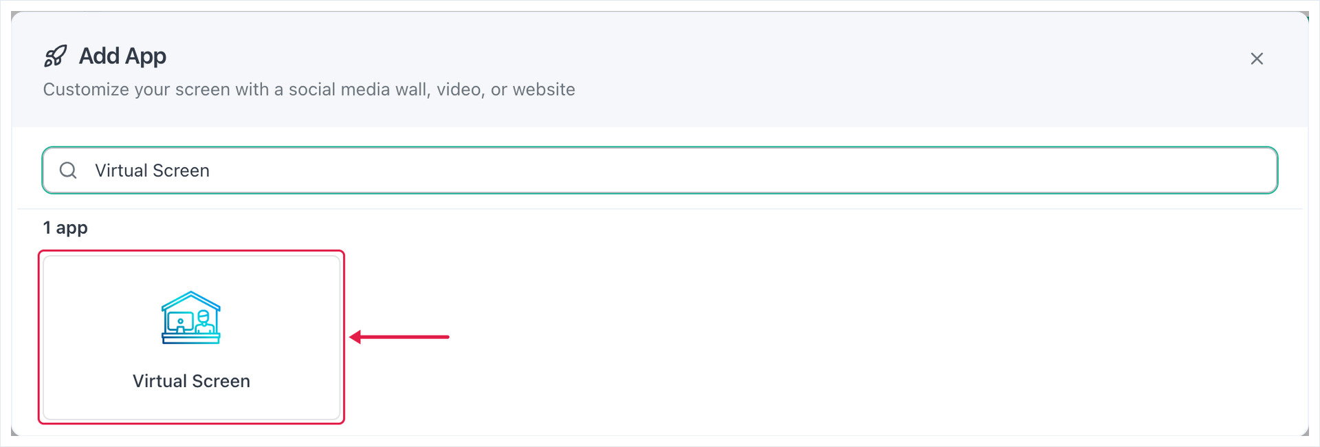 Add App dialog searched for Virtual Screen, with the Virtual Screen app card highlighted