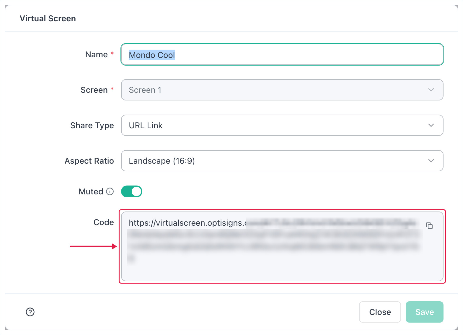 Saved Virtual Screen reopened, showing the generated URL in the Code field