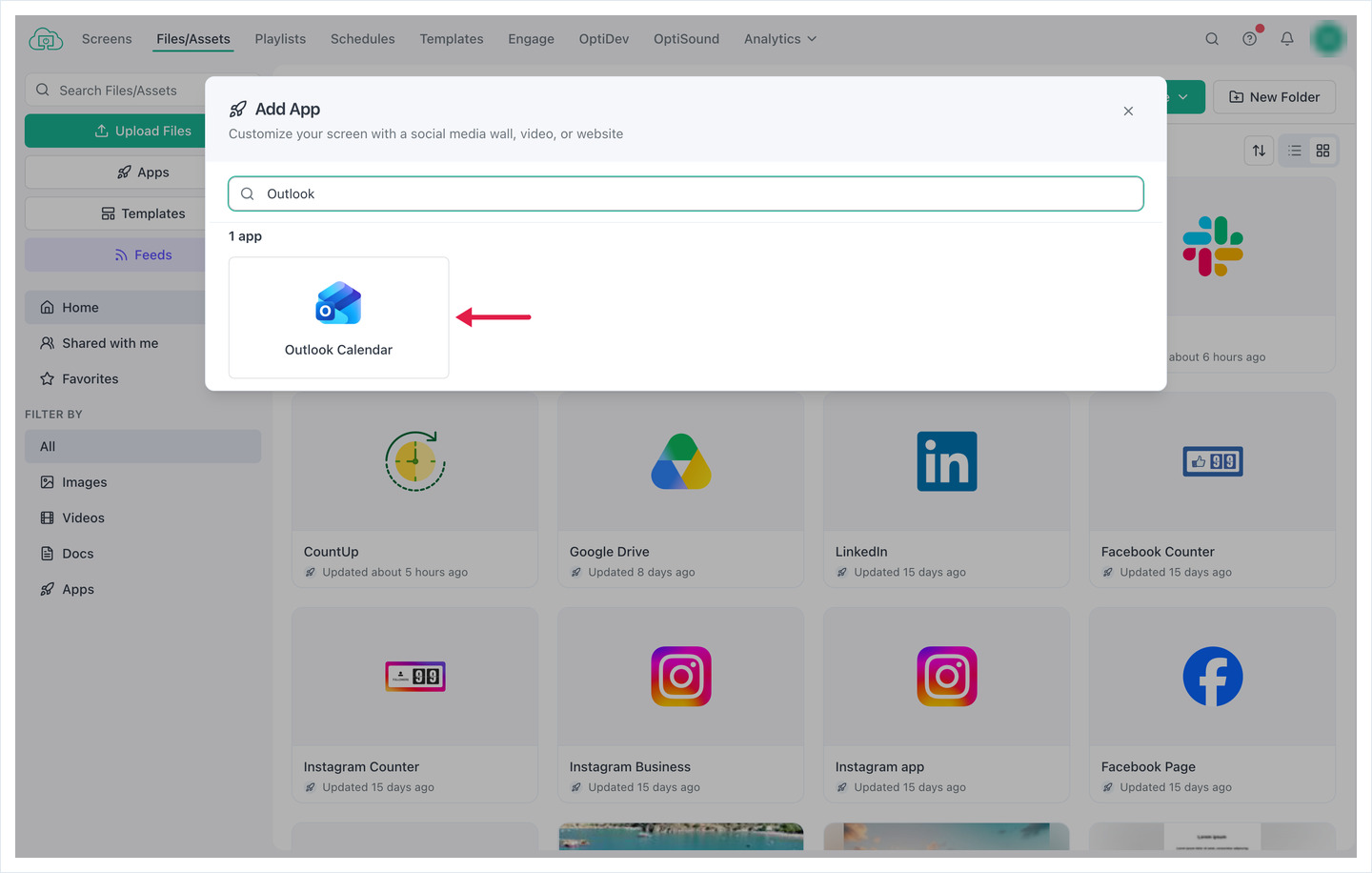Add App dialog searched for Outlook, with an arrow pointing to the Outlook Calendar app
