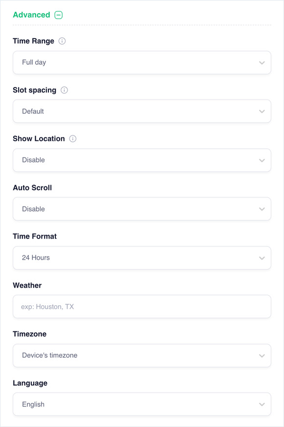 Advanced section with Time Range, Slot spacing, Show Location, Auto Scroll, Time Format, Weather, Timezone, Language