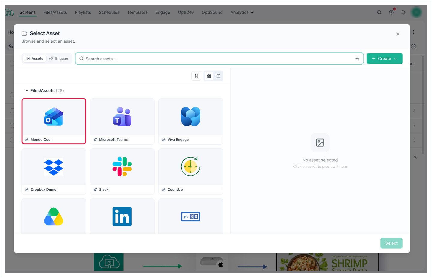 Select Asset dialog with the Outlook Calendar asset highlighted