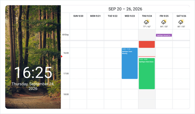 Outlook Calendar app preview showing a week view with sample events, weather, and a clock