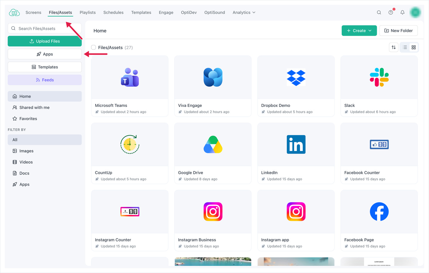 OptiSigns Files/Assets page with arrows pointing to the Files/Assets tab and the Apps button