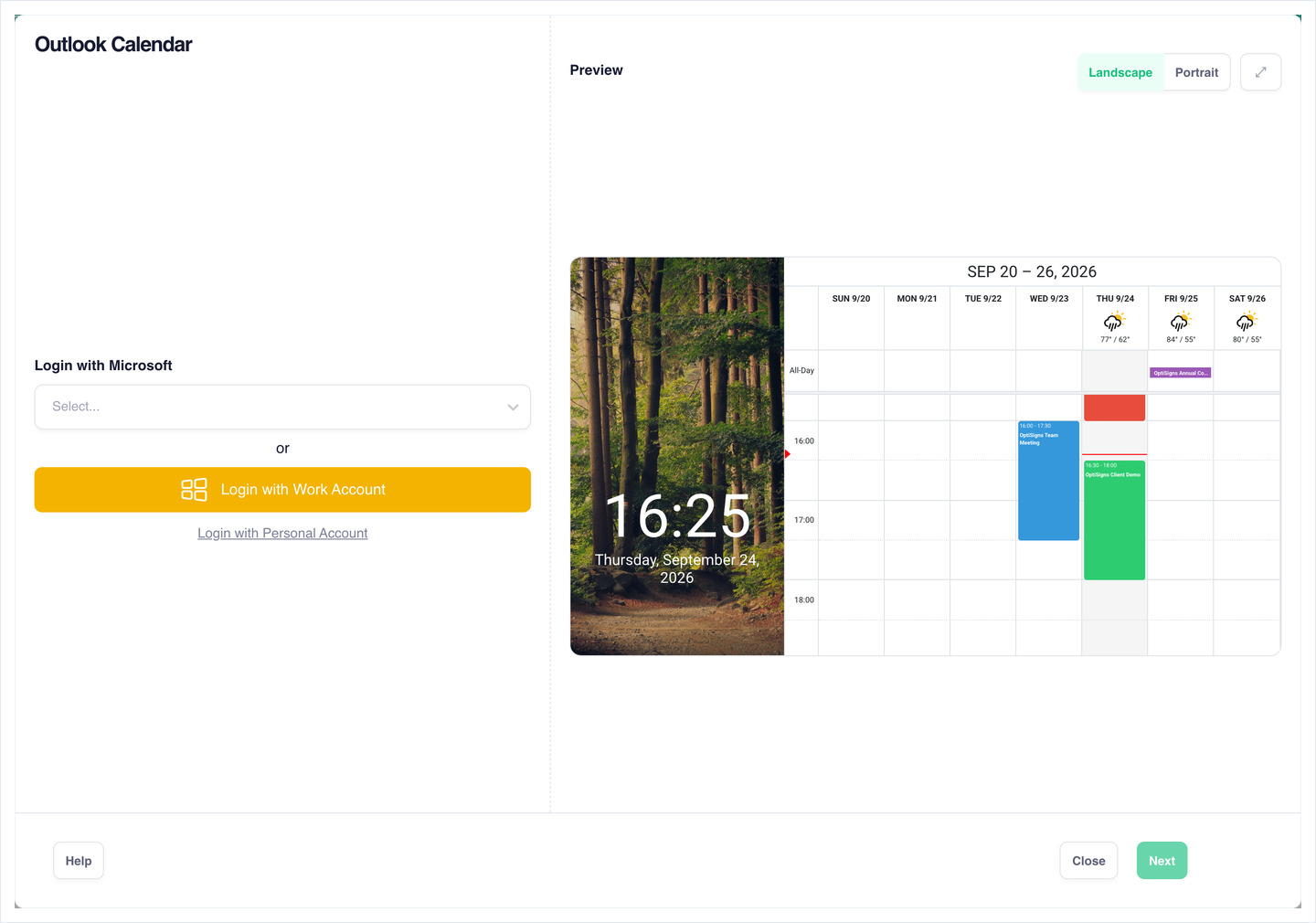 Outlook Calendar setup screen with the Login with Microsoft dropdown and the Work and Personal Account login options