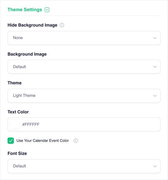 Theme Settings with Hide Background Image, Background Image, Theme, Text Color, event color option, and Font Size