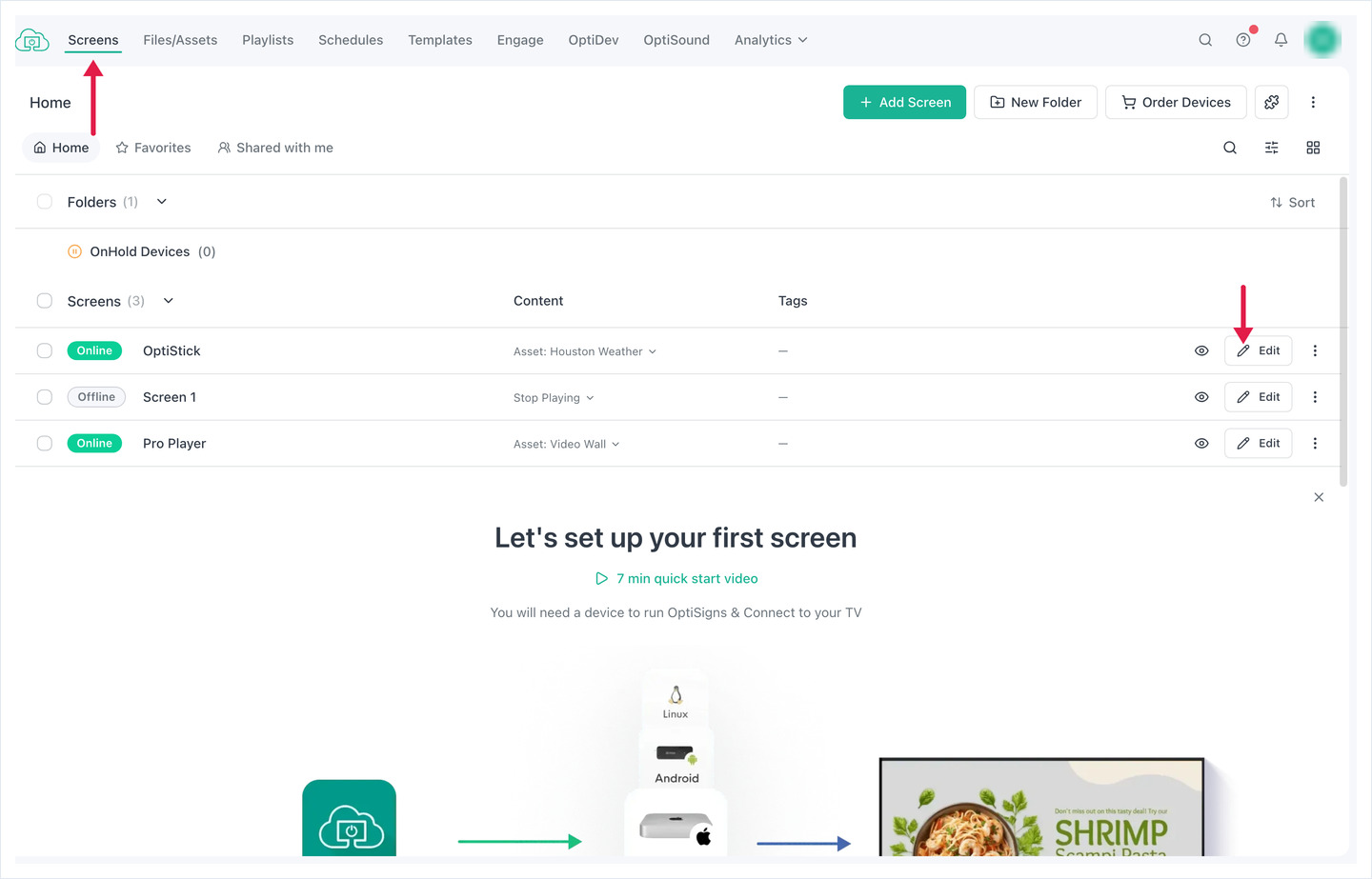 Screens page with arrows pointing to the Screens tab and a screen's Edit button