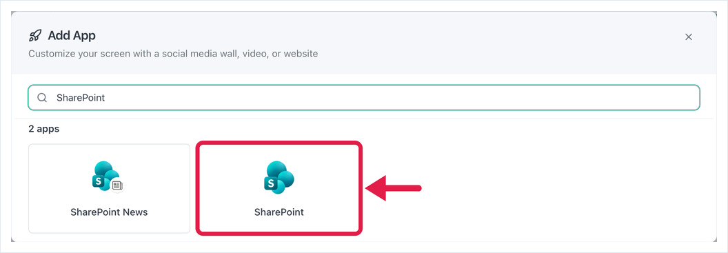 Add App dialog searched for SharePoint, with the SharePoint app highlighted