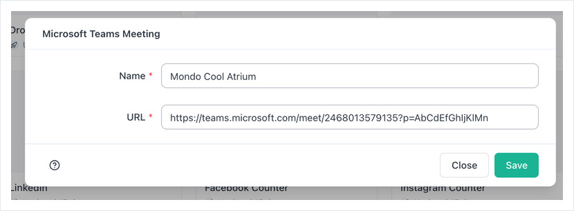 Microsoft Teams Meeting dialog with the Name and URL fields filled in