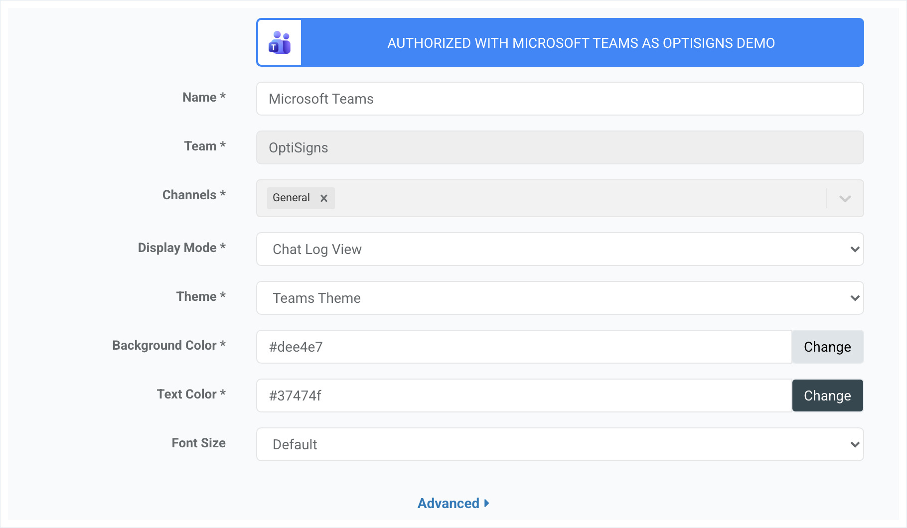 Microsoft Teams settings form: Name, Team, Channels, Display Mode, Theme, Background and Text Color, Font Size