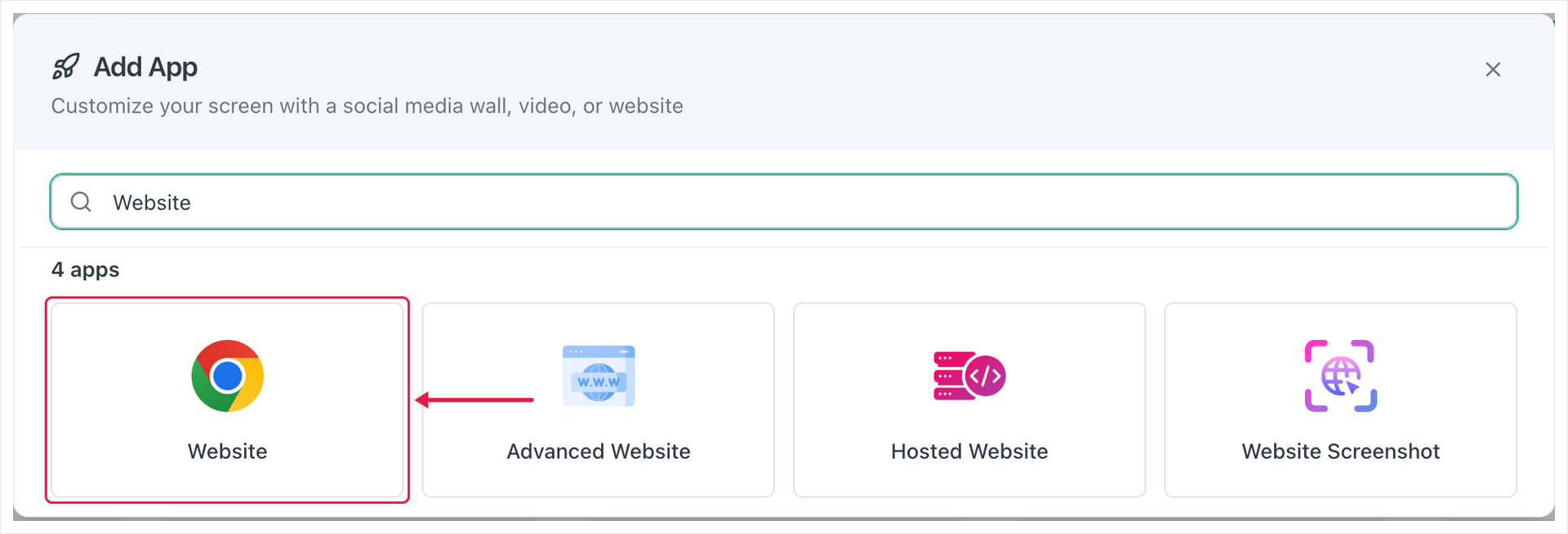 Add App dialog searched for Website, with the Website app tile highlighted