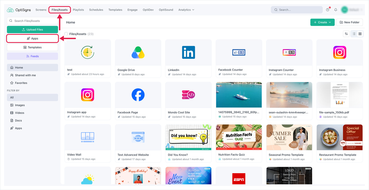 Files/Assets page with the Files/Assets tab and the Apps button highlighted