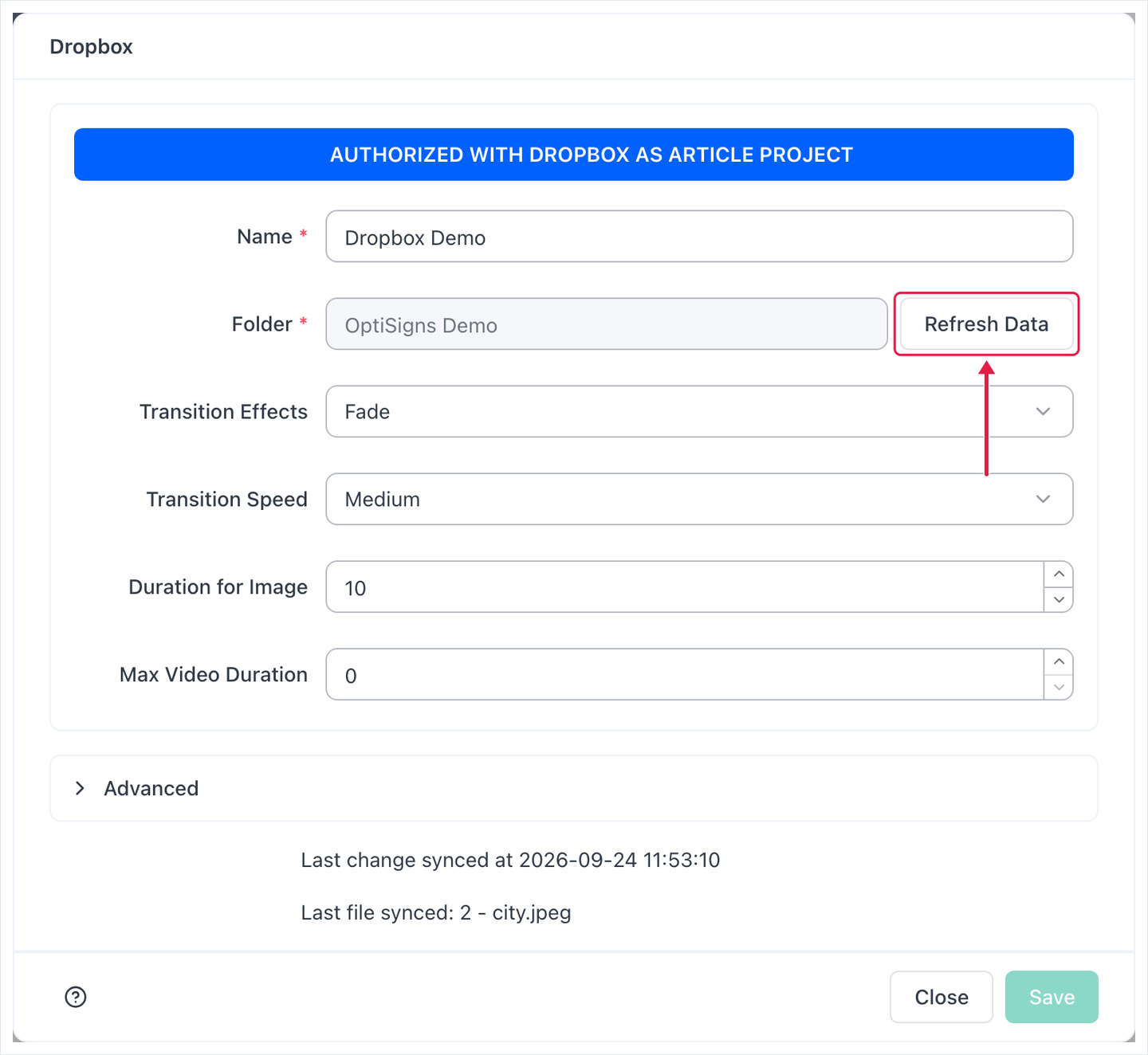 Saved Dropbox app with the Refresh Data button and the last sync time