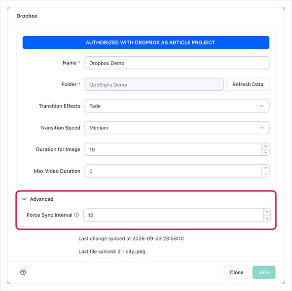 Dropbox app settings with the Advanced section expanded, showing Force Sync Interval set to 12