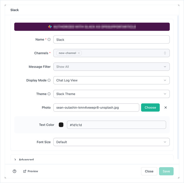 Slack app settings: Name, Channels, Message Filter, Display Mode, Theme, Photo, Text Color and Font Size