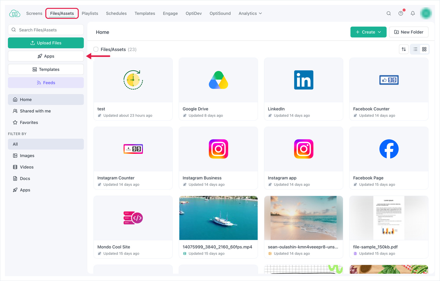 Files/Assets page with the Files/Assets tab and the Apps button highlighted