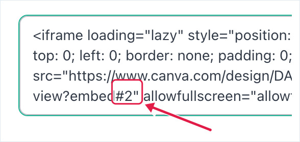 Canva embed code with #2 added after view?embed to show page 2
