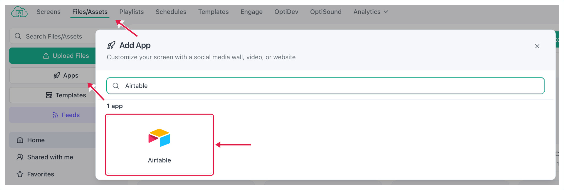 Files/Assets tab and Apps button, with the Add App dialog searching Airtable and the Airtable tile highlighted