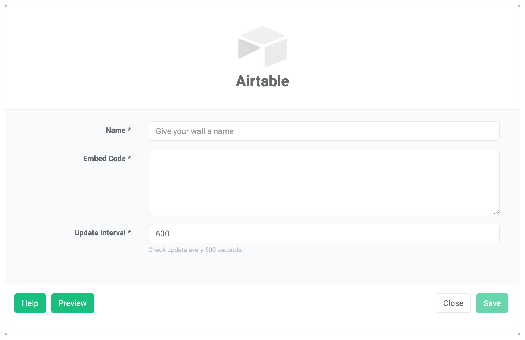 Airtable app settings form with Name, Embed Code and Update Interval (600 seconds) fields, and Save button